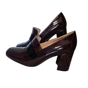 Franco Sarto Karter Patent Loafers in Burgundy, Block Heel, Size 8